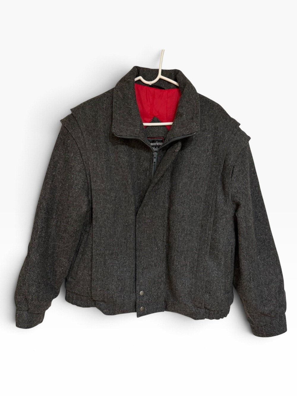 American Male Vintage Wool Futuristic Bomber Jacket Grey Zip Snap Front Pockets